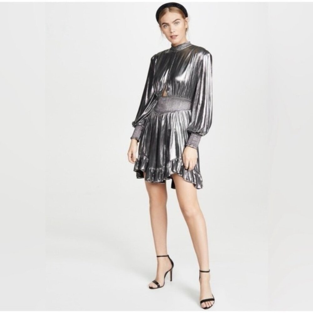 NWOT Retrofete Melody Long Sleeve Mini Dress Gunmetal Silver SMALL Cutout Assym